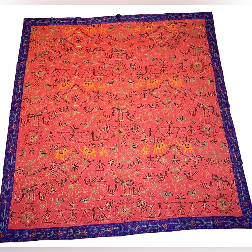 Multi-Use Handmade Indian Embroided Tapestry, Throw, 90” Square BOHO style